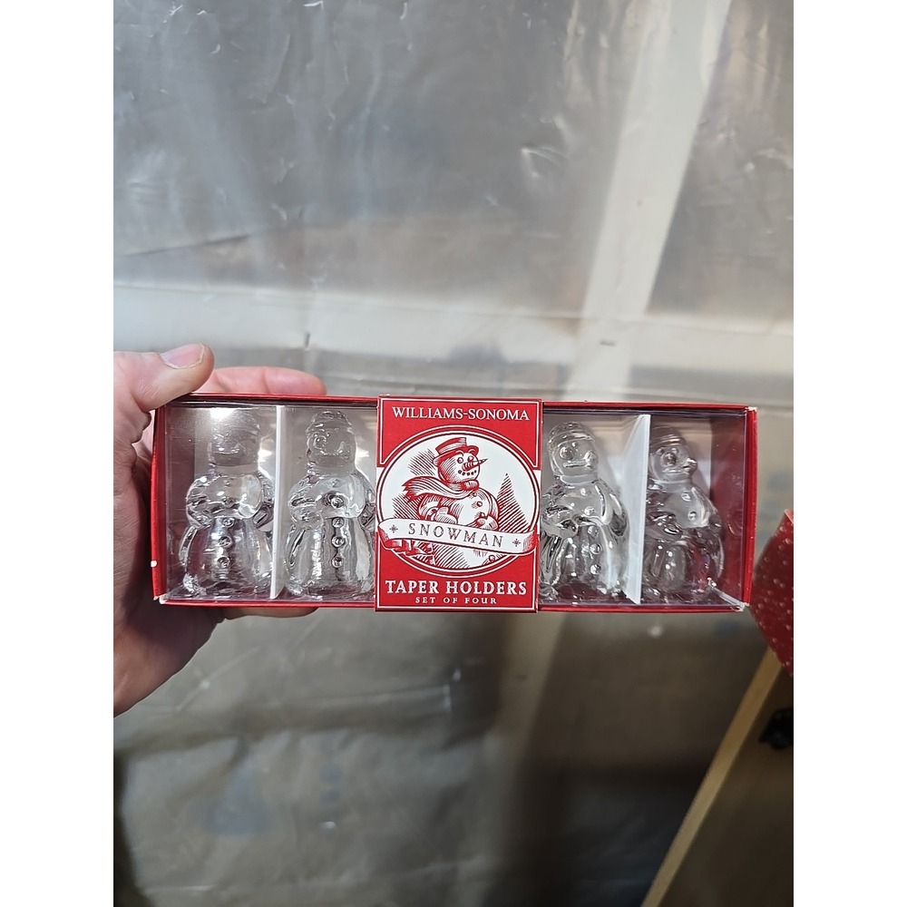 Williams Sonoma Clear Glass Snowman Taper Candle Holders Christmas NIBS VTG